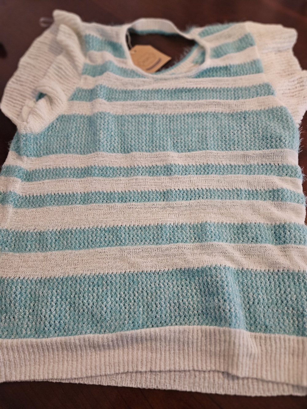 Striped Knit Top in Aqua and White. Size Medium